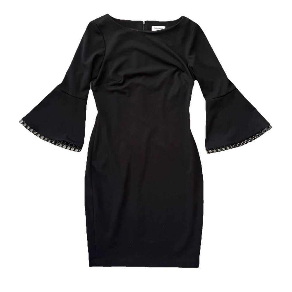 Calvin Klein Solid Black Bell Sleeve Circle Trim Sheath Dress Size 6 Career